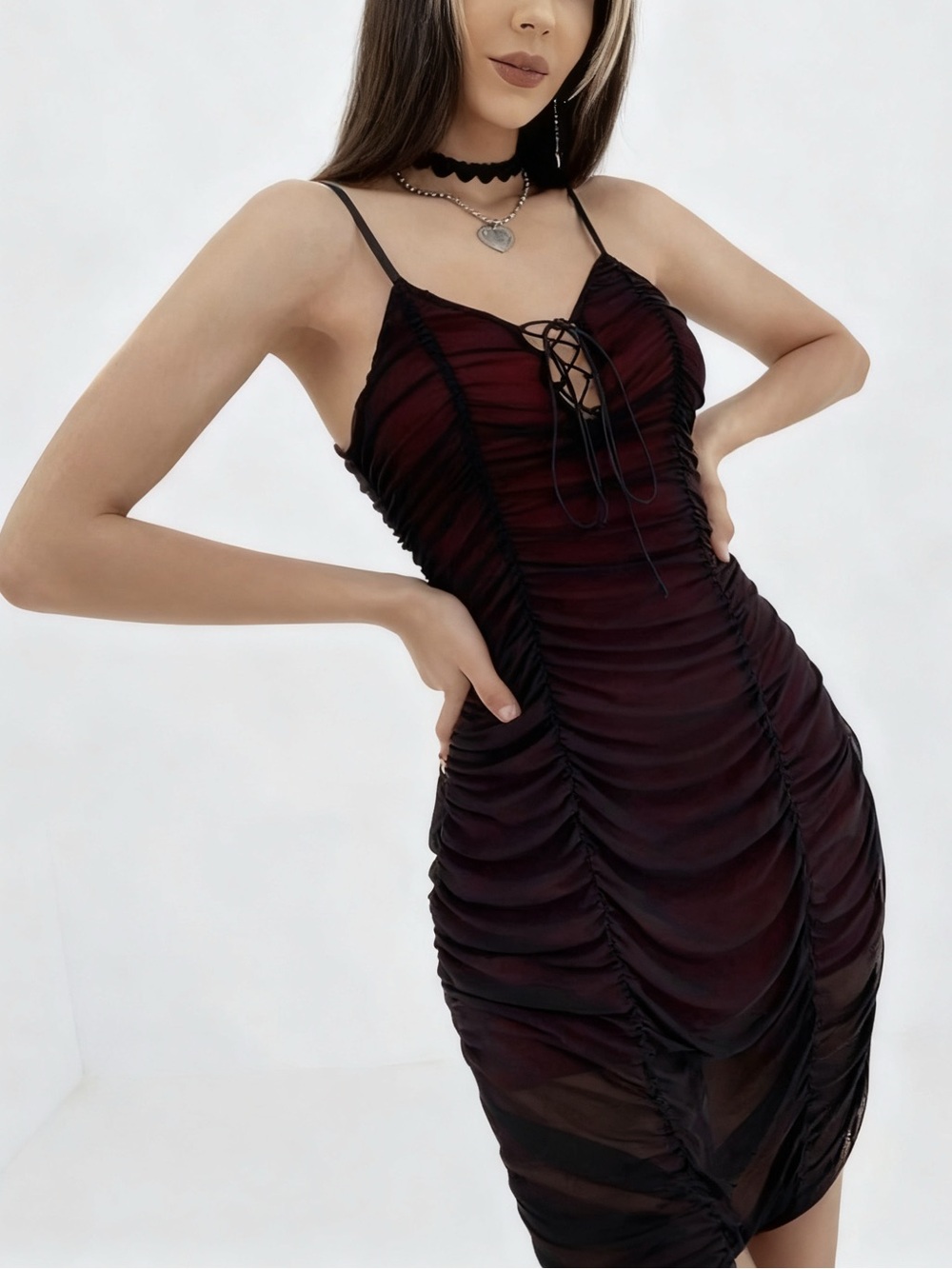 Ruched Lace-Up Spaghetti Strap Dress in Burgundy